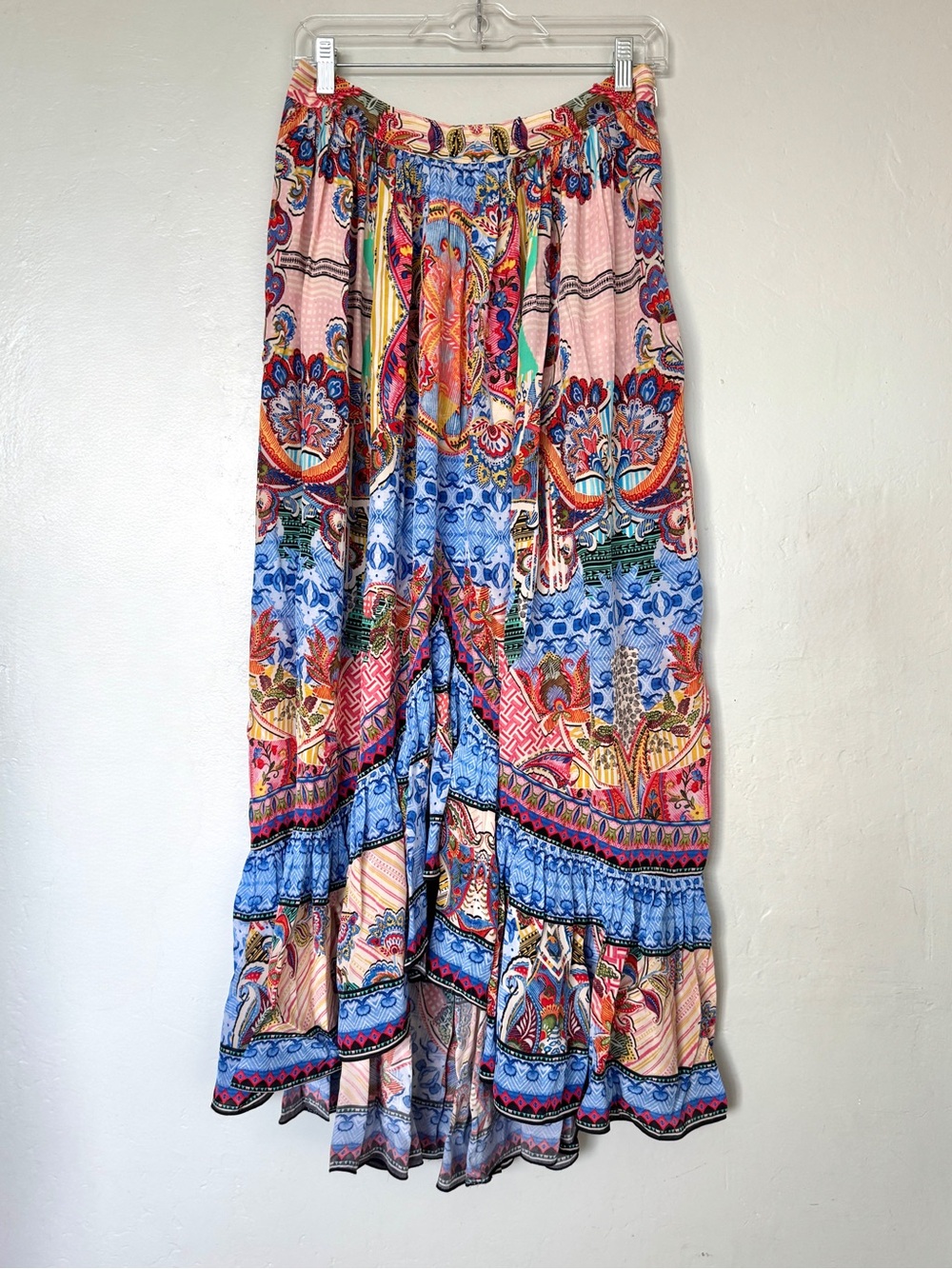 Bhanuni by Jyoti Allaire Moroccan Blue Multi Printed High Low Maxi Skirt Size 6